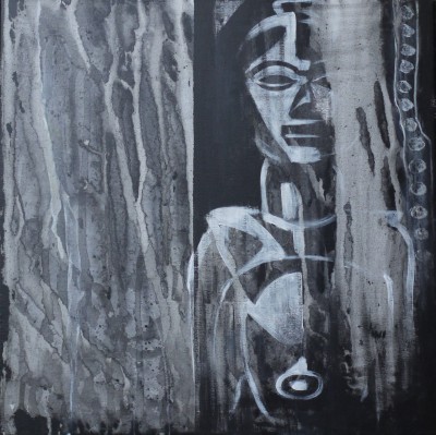 Acrylgemälde in schwarz-weissen Kontrasten mit der Darstellung einer afrikanischen Statue